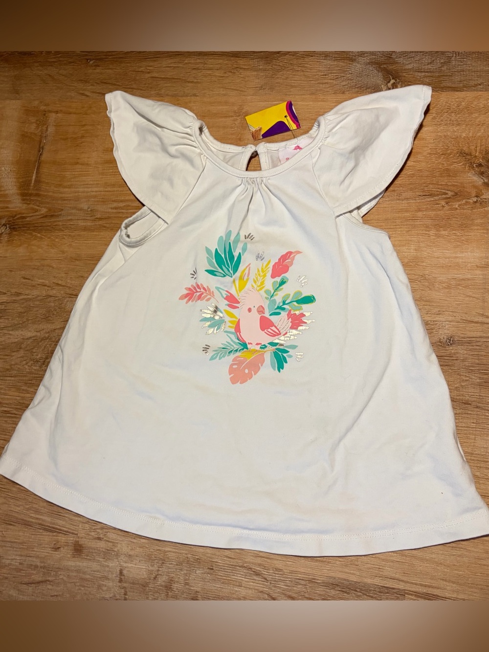 Tommy Bahama White Toddler Flutter Sleeve Summer Top with Colorful Parrot Print